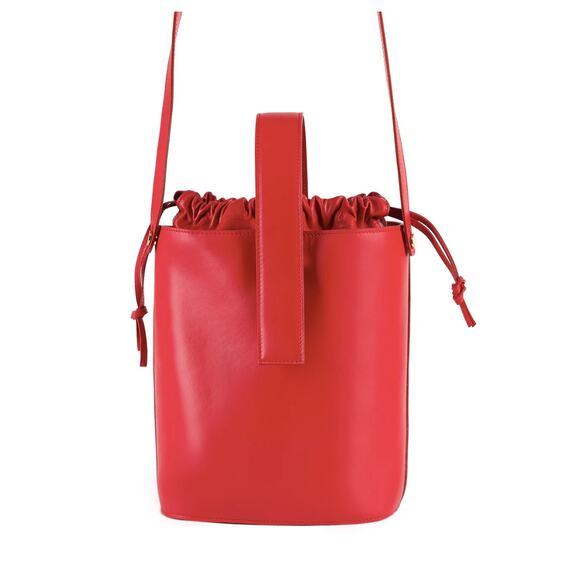 Italian Leather Bucket Bag in Red Drawstring pouch Shoulder strap NEW Handbag - Picture 4 of 9